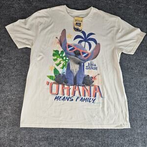 Disney Lilo & Stitch Shirt Mens XL Cream Ohana Means Family Graphic Short Sleeve